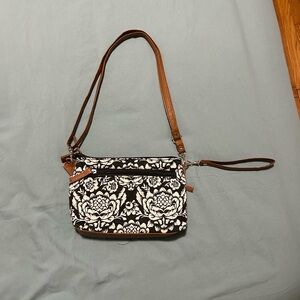 Stone Mountain Black and White Floral Crossbody Bag with Brown Strap